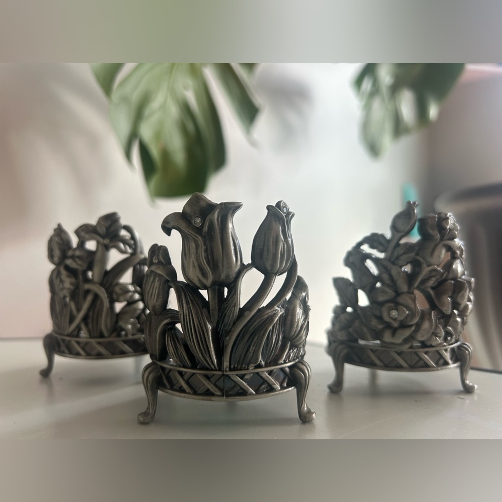 Vintage Pewter Floral Design Votive Candle Holder, 3" tall. (Set of 3)